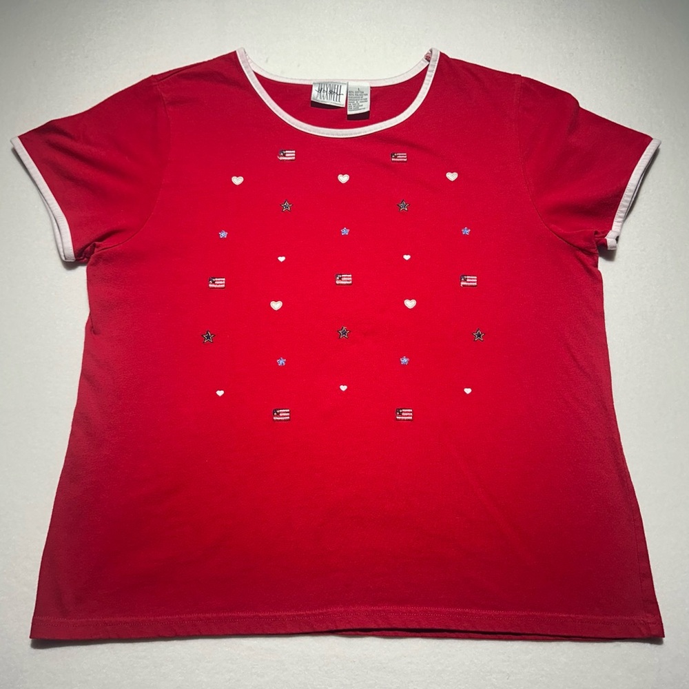 Vintage Jason Maxwell Red Patriotic T-Shirt USA Flag Hearts Stars Size Large